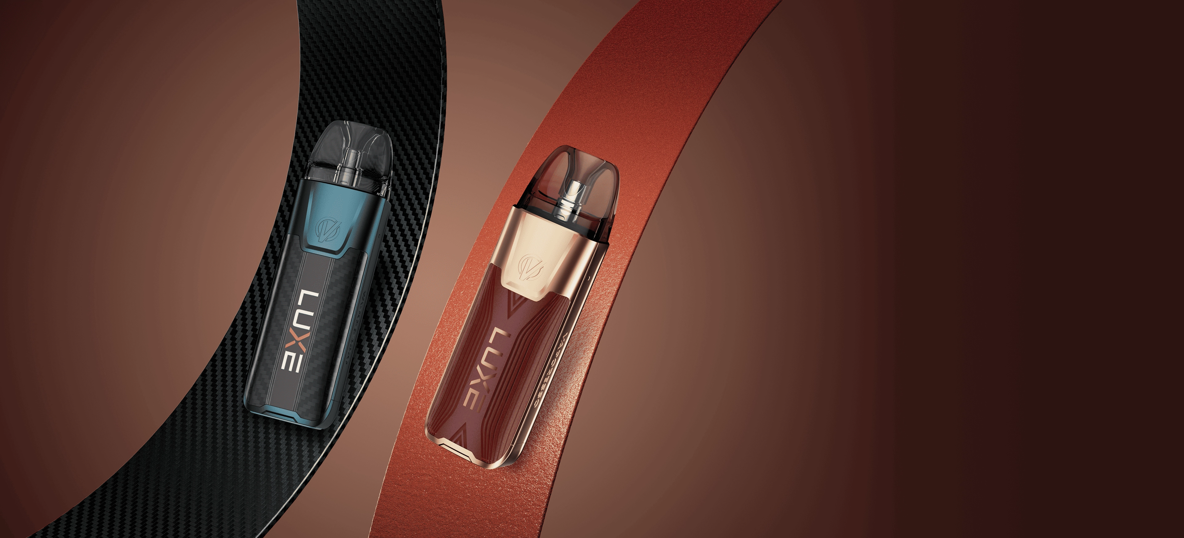 Two VAPORESSO LUXE XR MAX 2 devices in different styles. This professional vape offers personalized aesthetics without compromising its status as one of the best high power vapes.