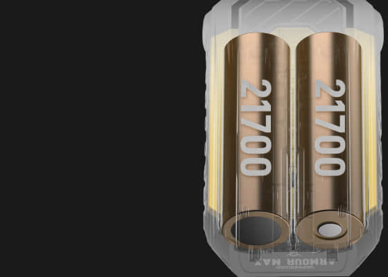 Dual battery support (18650 / 21700) on this sub ohm vape kit, ensuring extended sessions for high cloud vape and vape mods for DTL vaping.