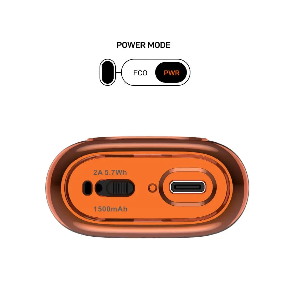 A close-up of the VAPORESSO VIBE in POWER MODE, demonstrating the Axon Chip's smart output for extended battery life and a smoother draw.