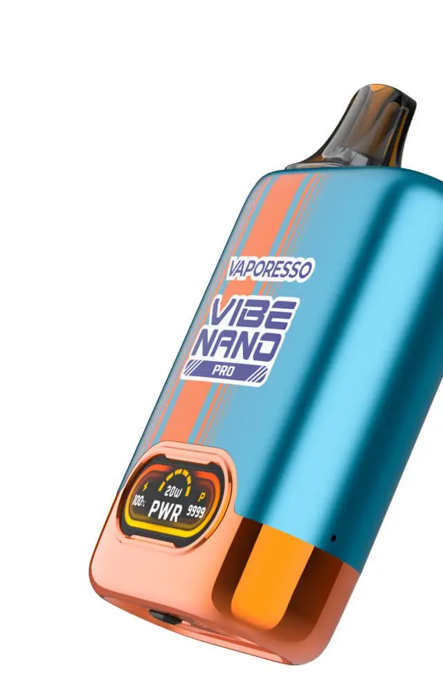 The radiant shine and exceptional build quality of the VAPORESSO VIBE NANO PRO starter vape kit, highlighting its premium two-tone finish.