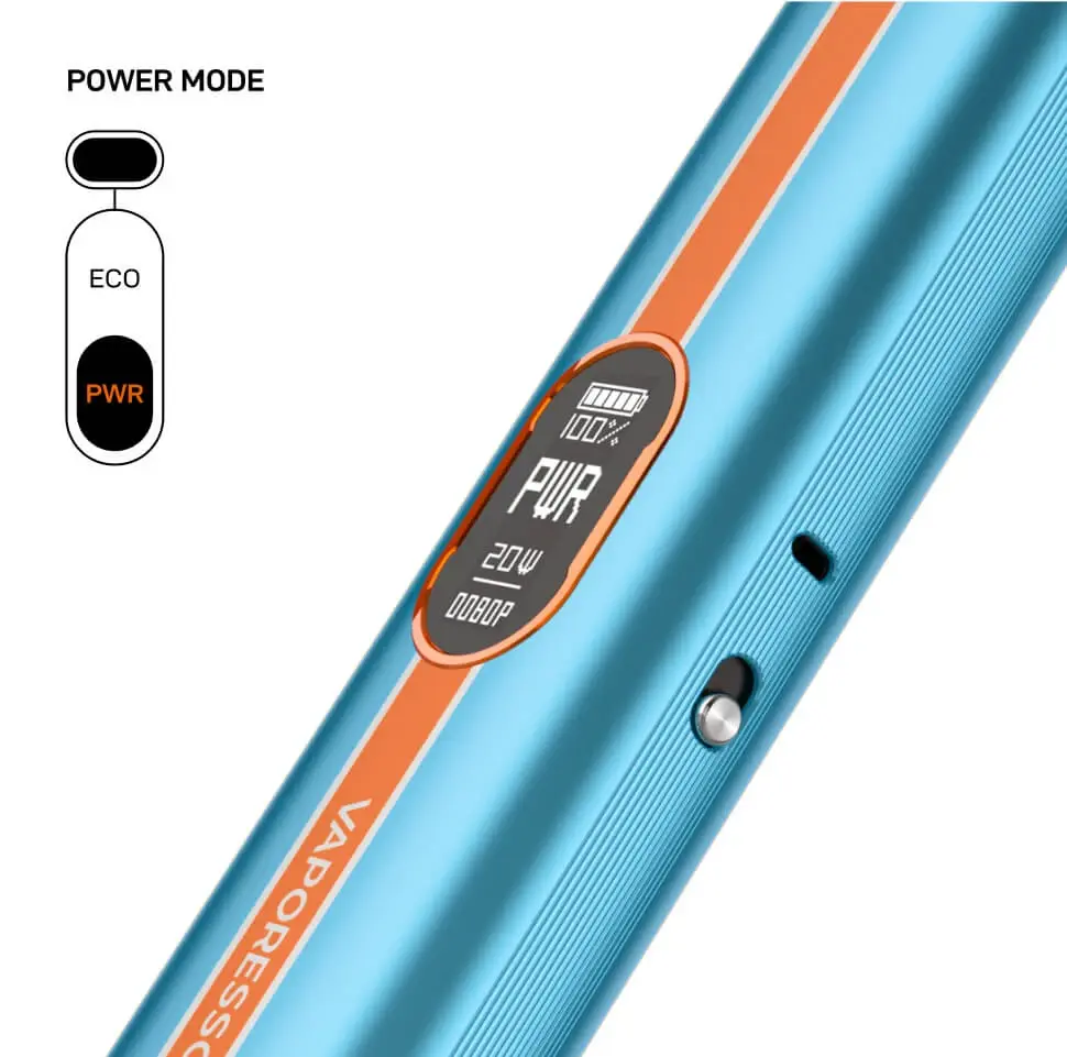 A close-up of the VAPORESSO VIBE in POWER MODE, demonstrating the Axon Chip's smart output for intense flavor and vapor.