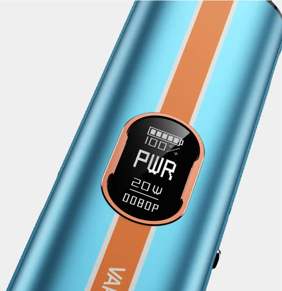 A close-up of the VAPORESSO VIBE's 0.54" OLED screen, displaying power and puff count. This clear screen makes it an accessible vape, providing essential information at a glance.