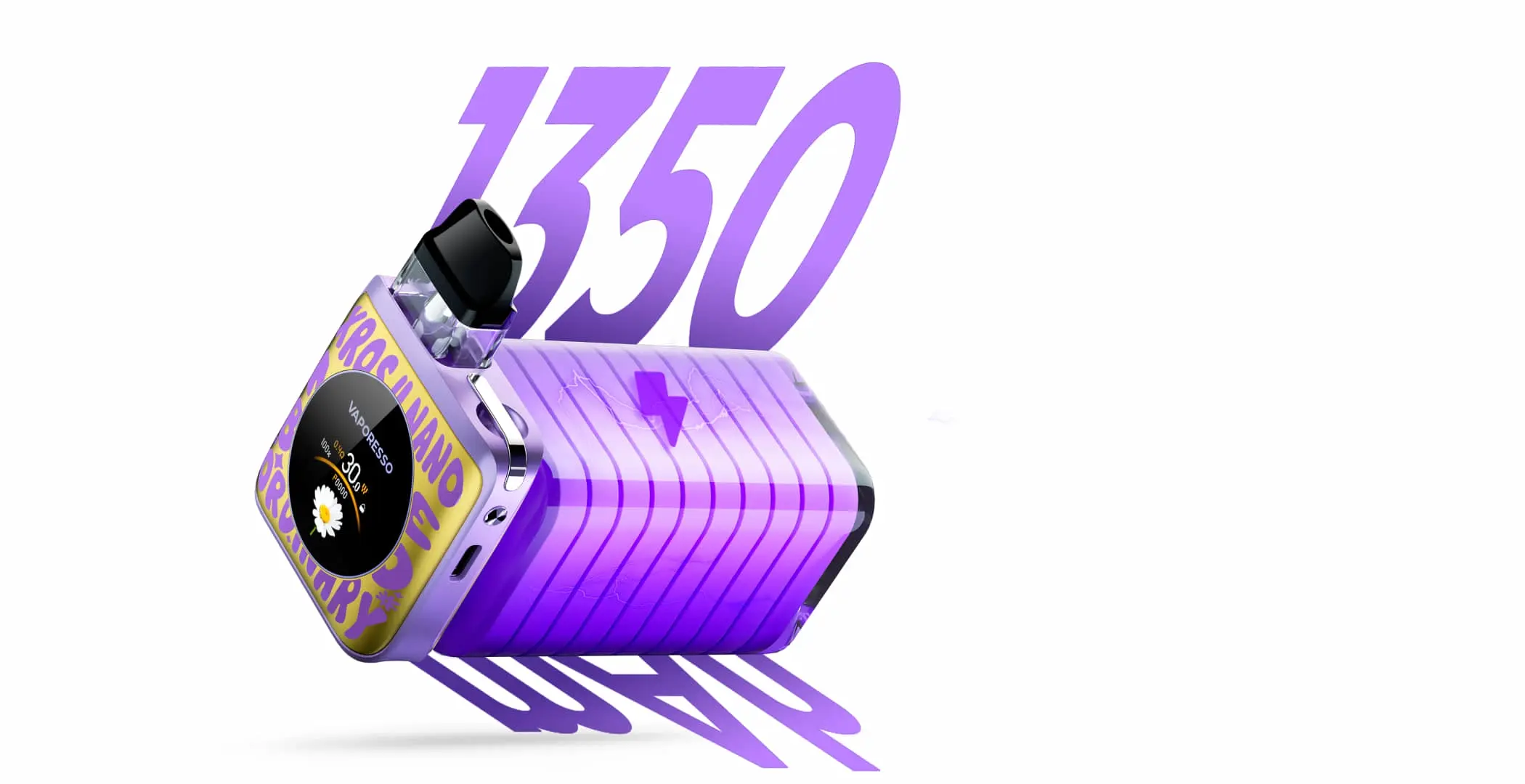 A graphic illustrating the Vaporesso XROS 4 NANO's 1350mAh battery. As the best mtl pod vape for longevity, it offers up to 4 days of use and fast charging, making it a top mouth to lung vape kit for 2025.